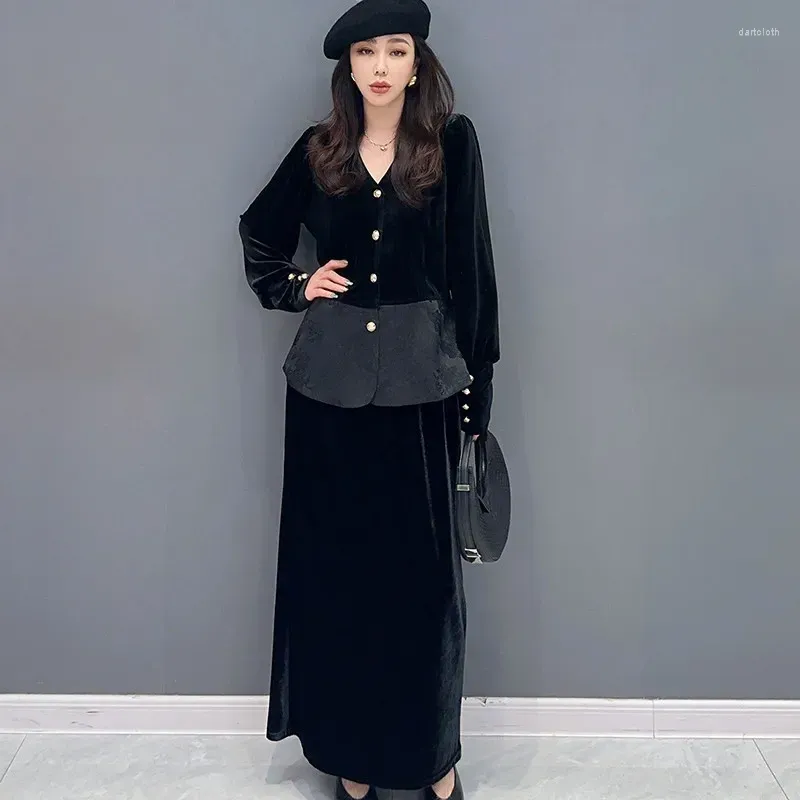 Spódnice elegancka aksamitna sukienka na imprezę dla kobiet czarny zimowy garnitur pełny rękaw krążek kardigan talia