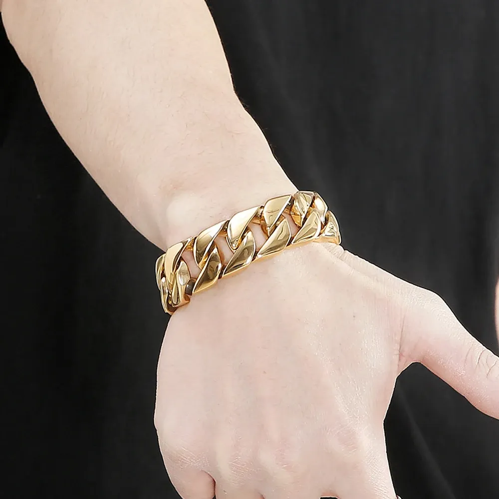 Kwestie Gepolijst 14 k Geel Goud Heren Armband voor Mannen 20 MM Curb Link Chain Pols Op Hand Bands sieraden Accessoires