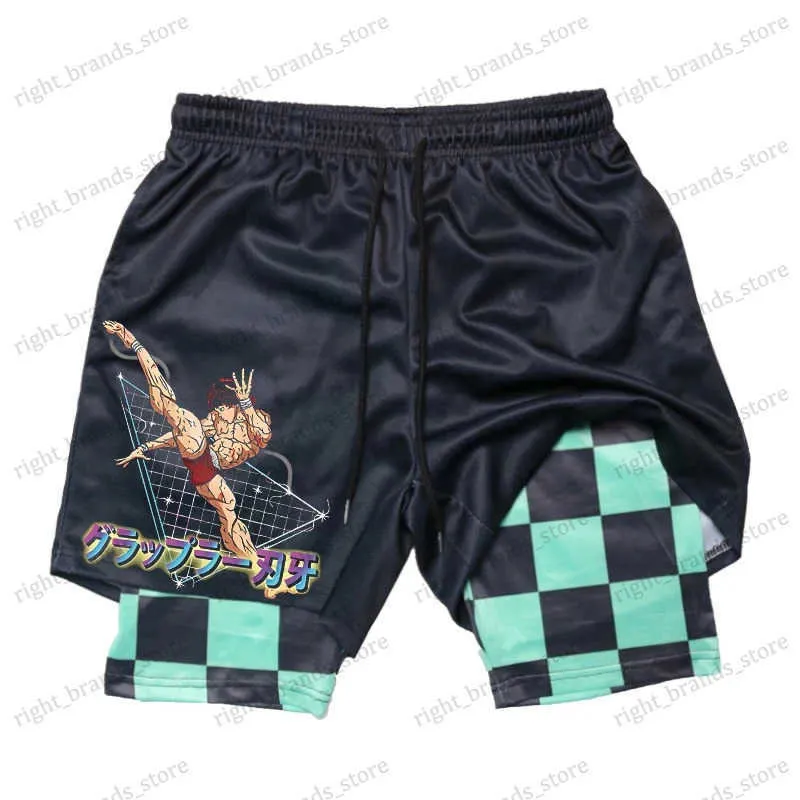 Men's Shorts Men's Anime Hanma Baki fitness shorts printed black double-layer 2-in-1 quick drying shorts fitness running sports summer T240122