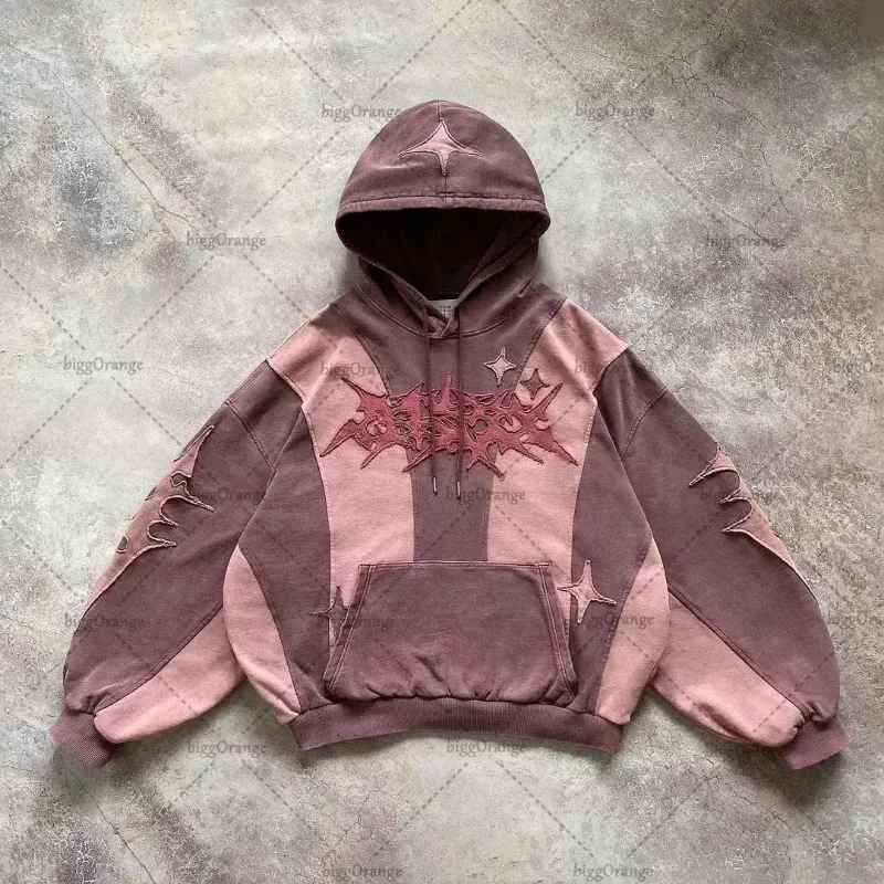 Amerikanska trendiga broderade råa kantbokstäver överdimensionerade hoodie mens y2k street hiphop harajuku mångsidig tröja kvinnor 240119