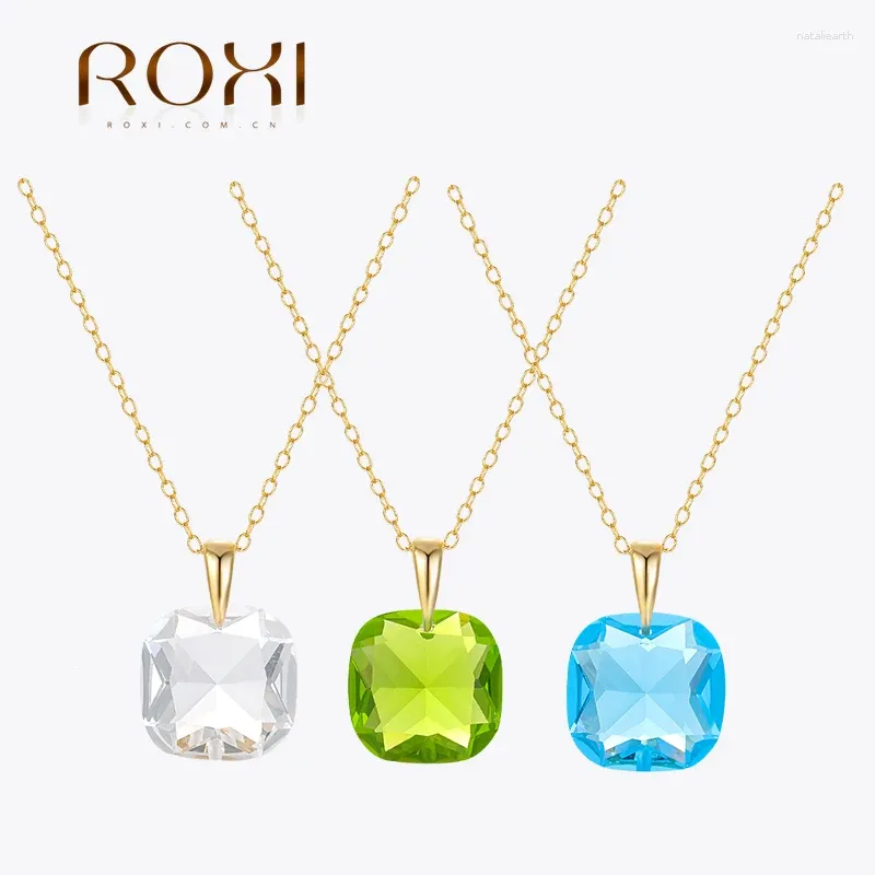 Pendants ROXI 925 Sterling Silver Colorful Square Crystal Pendant Wedding Party Necklace For Women Luxury Temperament Bijoux Argent