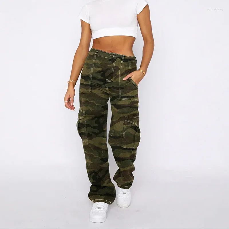 Women's Jeans Women Denim Straight Pants Camouflage Washing Loose Fit High Waist Pockets Streetwear Slight Strech Cargo Spring 2024