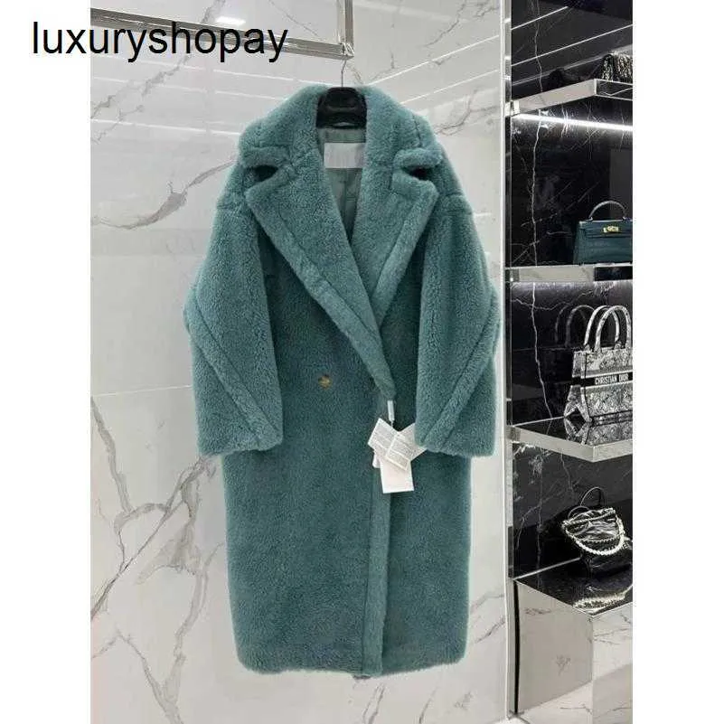 Top maxmaras teddy bear casaco feminino cashmere casacos 2024 inverno grama verde m casa mesmo estilo feminino partícula de pele camelo velo médio longo