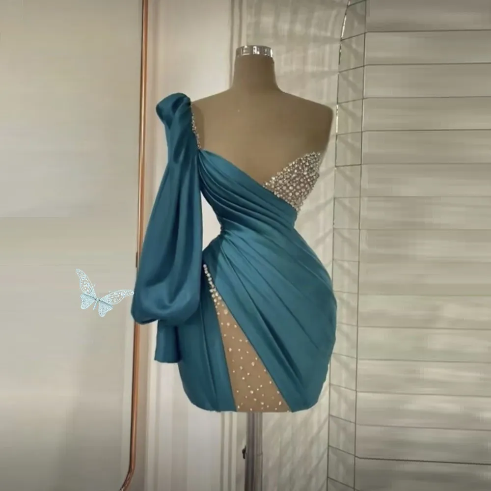 Blue One-Shoulder Satin Prom Dress with Lace Appliques, Trumpet Silhouette, Sleeveless, Short Hemline from Dhgate Prom Dresses - price 97.13 Blue One-Shoulder Satin Prom Dress with Lace Appliques, Trumpet Silhouette, Sleeveless, Short Hemline from Dhgate Prom Dresses - price 97.13