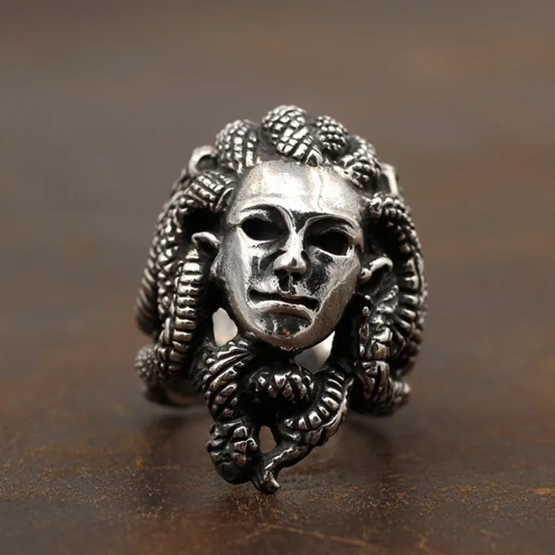 Vintage Greek Mythology Medusa Ring Horror Venomous Snake Snake Hair Gorgon Ring Cool 14K White Gold Punk Biker Jewelry