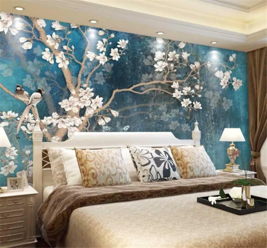 Fonds d'écran Milofi personnalisé 3D papier peint mural rétro peint à la main fleur de Magnolia fond mur nordique bleu élégant peinture à l'huile 9977396