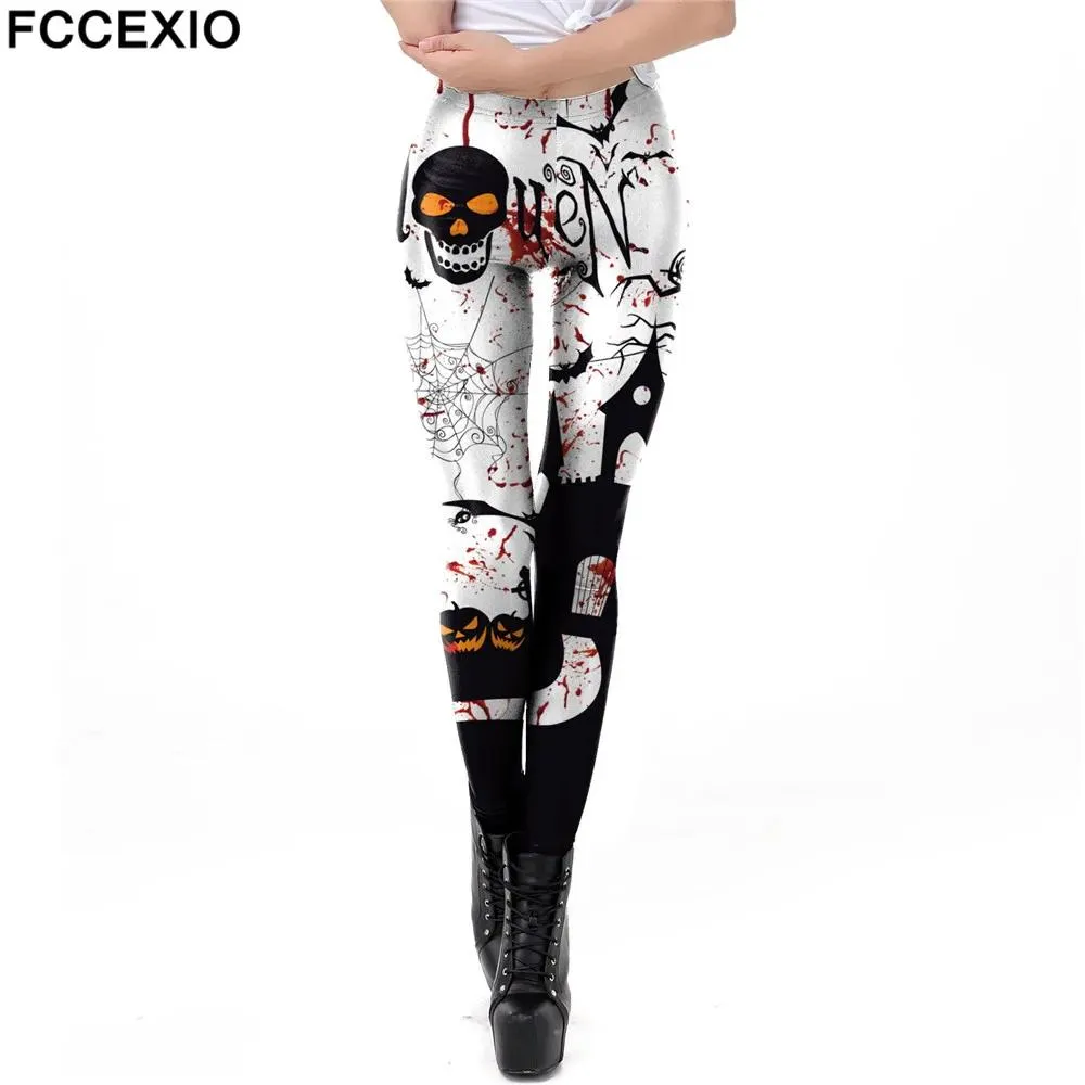 Capris fccexio clássico halloween impressão leggings mulheres sexy calças de treino crânio outono magro leggings mulher calças de cintura alta