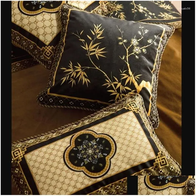 Coussin / oreiller décoratif Coussins chinois rétro Black Veet Case Square décoratif ER pour canapé Art de luxe Salon Décoration de la maison D Dhqlj