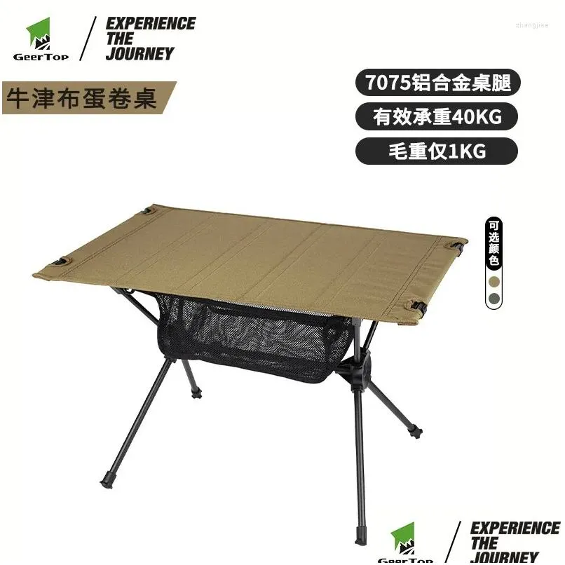 Camp Furniture 7075 Tables et chaises pliantes en alliage d'aluminium Cam extérieure Portable Pique-nique Tra Light Durable Oxford Egg Roll Table Drop Dhn0S