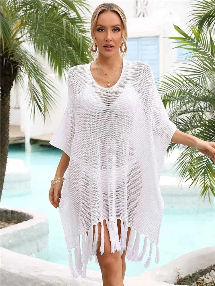 Maillots de bain pour femmes 2024 Crochet Femmes Beach Cover Ups Robe de piscine Maillot de bain d'été Garniture frangée Creux Out Bikini Dames Tenues