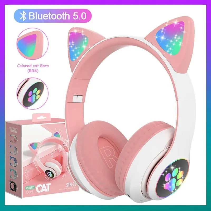 Headphones VAORLO Flash Light Cute Cat Ears Wireless Headphones With Mic Stereo Music Gaming LED RGB Bluetooth Headset For Girl Kids Gift