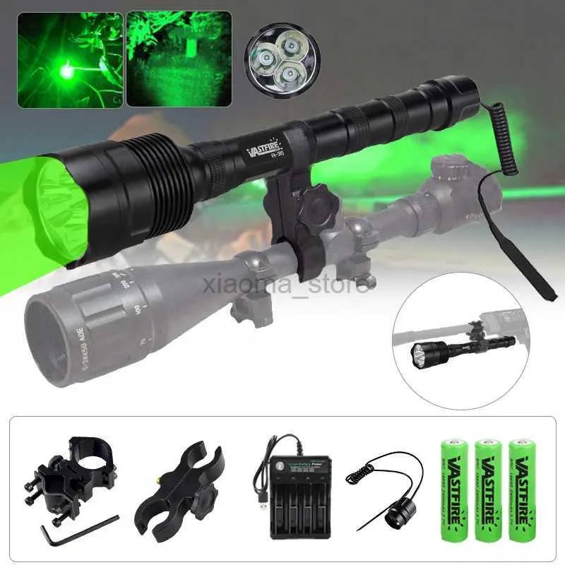Ficklampor 500 meter grönt taktisk jaktlampe LED -stråle rovdjur Torch Rifle Scope Mount Remote Pressure Switch för 3*18650 Batteri 240122