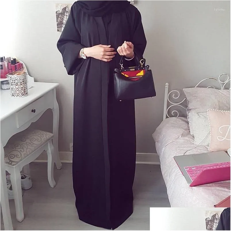 Etniska kläder Kvinnor Dubai Abaya Kimono Classic Open Front Fast Solid Color Cardigan Belt långärmad islamisk mantel Arabisk kalkon Modest Dr Dhhvt