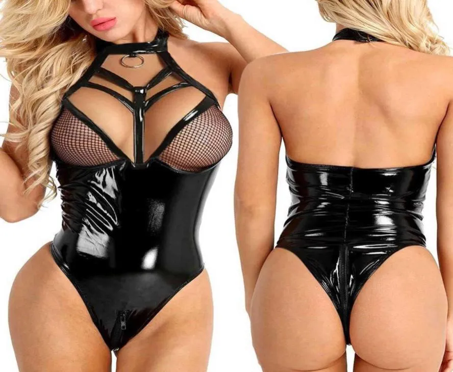 Plus size sexy lingerie lederen bodysuit vrouwen porno mesh push-up bh rits lenceria sex ondergoed bodysuits latex erotische teddy9258436