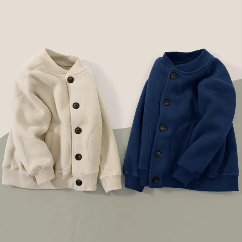 Manteau en duvet pour enfants, veste d'hiver, couture polaire, Double couche, col montant, épais, simple boutonnage, couleur unie, hauts vêtements