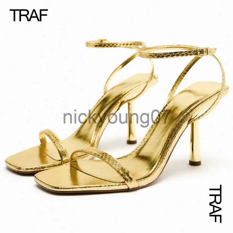 Sandalen TRAF Damessandalen Zomer 2023 Sandalen met bandjes en metallic hak Muiltjes Luxe designer slingback Hoge hakken Feestvrouw SandalenJ240122