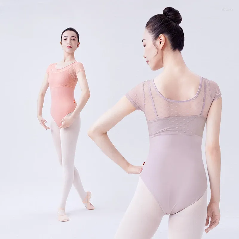 Stage Wear Ballet Dance Costume Femmes Manches courtes Dentelle Patchwork Combinaison Adulte Élégant Exercice Body Suit