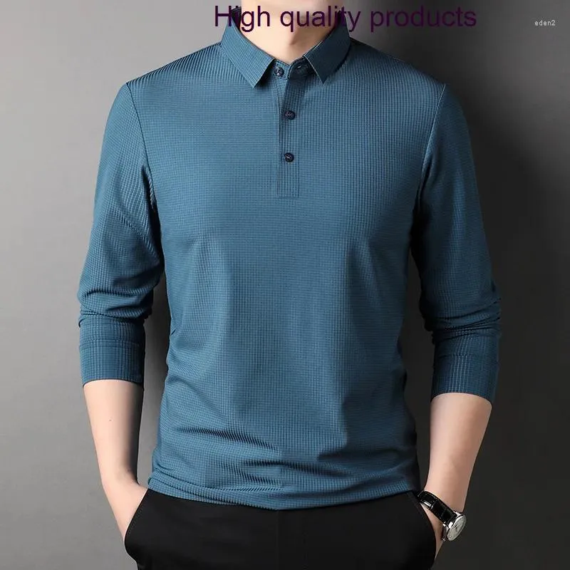 Herrpolos pläd Sömlös högkvalitativ långärmad smart casual vår och hösten enkla manliga poloshirts 3xl