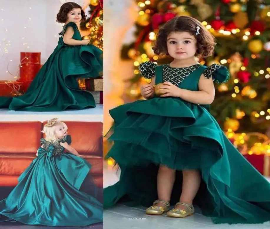 Hunter Green High Low Flower Girl Robes pour mariage Satin et Organza Filles Pageant Robes Big Bow Capped Enfant Enfants Anniversaire P6393306