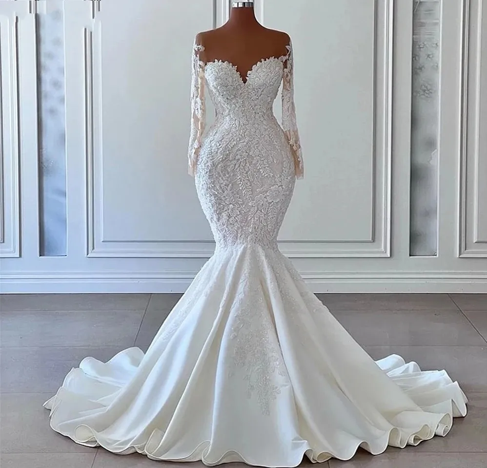 Mermaid Wedding Dress 2024 Women Sheer Neck Beads Lace Long