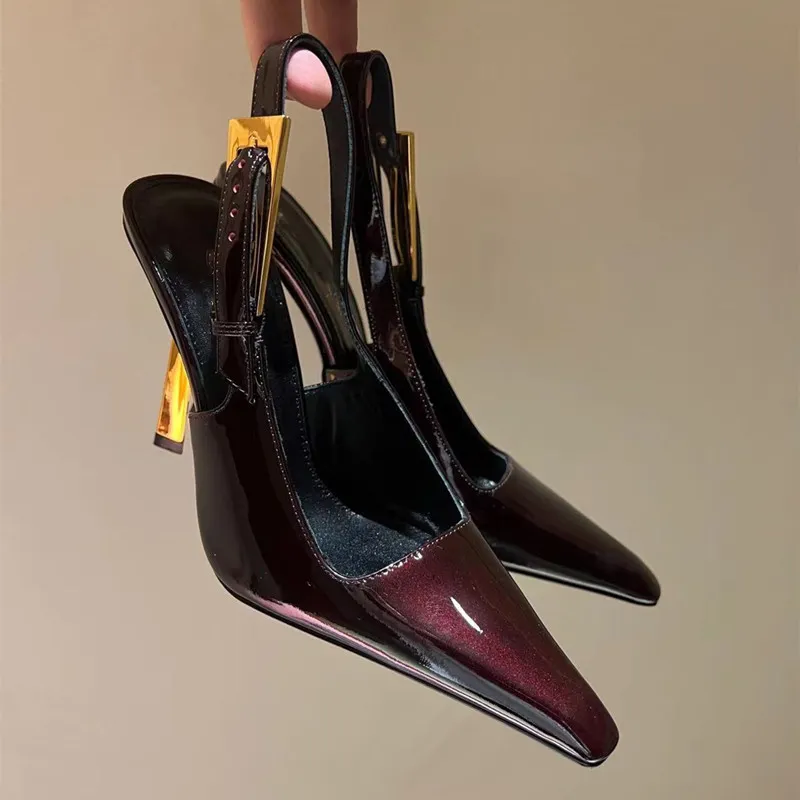 Zapatos de tacón con tira trasera para mujer, sandalias de tacón de aguja de diseñador, hebilla de charol, vestido de lujo para mujer, punta cuadrada, zapatos de tacón alto de noche