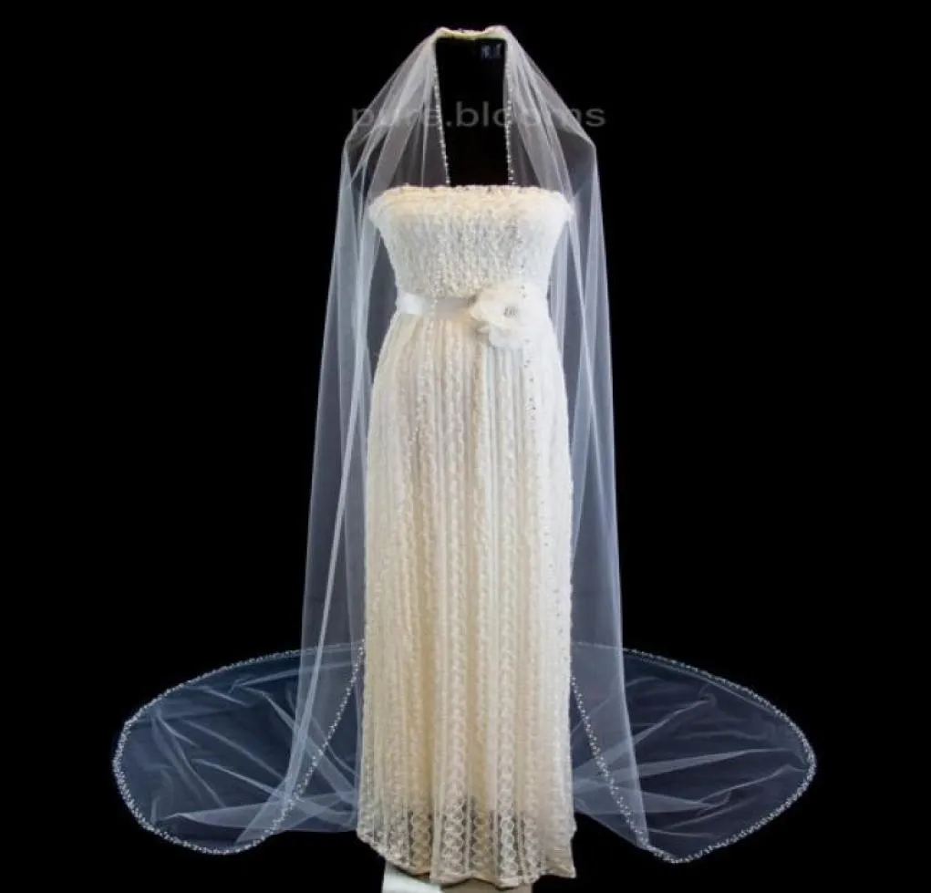 Nova venda lindo uma camada nupcial Vei imagem real véus de casamento comprimento da capela strass pérolas Meidingqianna nupcial Wh9792477