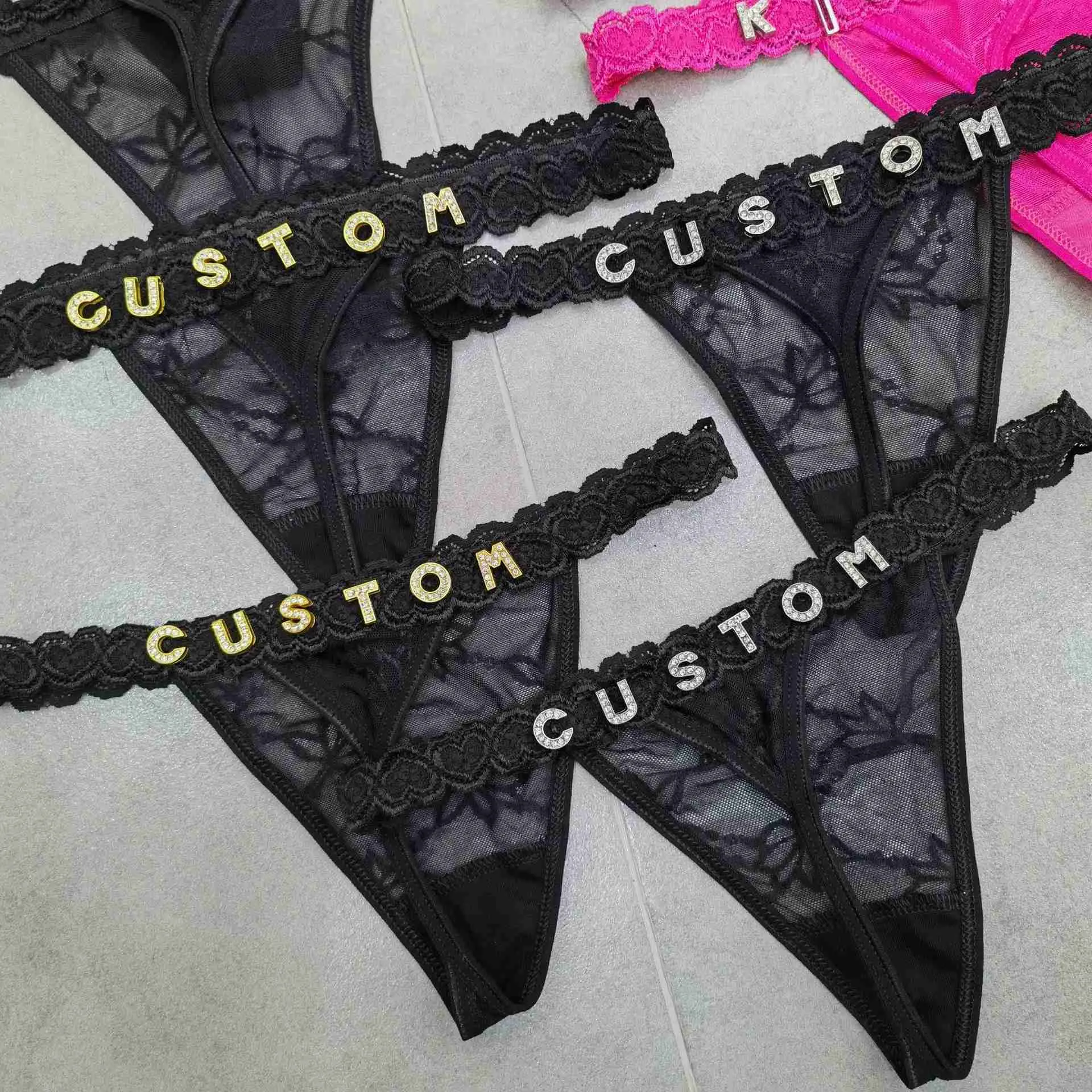 Sexy conjunto personalizar brilho cristal nome carta cintura corrente corpo jóias mulheres sexy rendas biquíni g-string calcinha menina dia dos namorados giftl240122