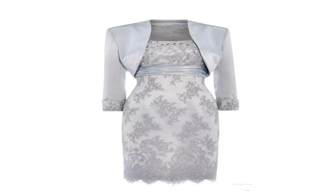 ジャケットスパンコールのある花嫁のドレスのフォーマルシルバーマザーレースビーズサテン膝の長さの母親のドレスオフグルームドレスイブニングウェア1488764