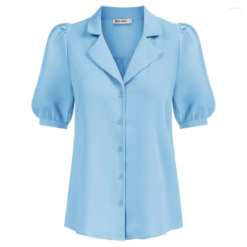 Kadın bluzları kadınlar çentik yaka gömleği şişirilmiş kısa kollu düğme plaket pileli arka üstler v yaka nedensel rahat kadın kıyafetleri