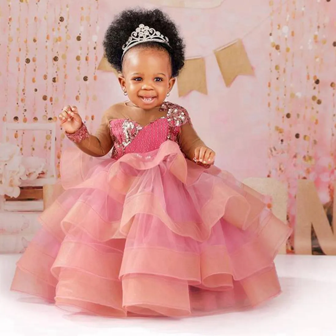 South African Pink Flower Girl Dresses Long Sleeves Tiered Tulle Pearls Ball Gowns Flowergirl Dress Princess Queen Little Kids Girls Birthday Party Gowns NF036