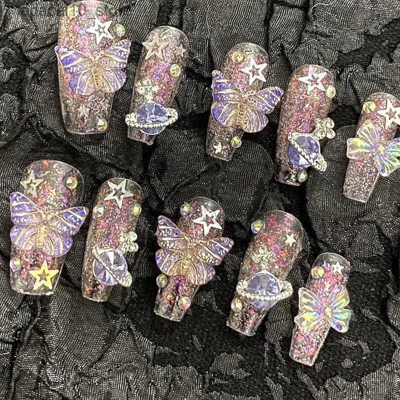 False Nails Handmade Purple Glitter Rhinestone Butterfly Fake Nail With Glue Bling Press On Nails Y2K Reusable Coffin False Nails Tips Gift Q240122
