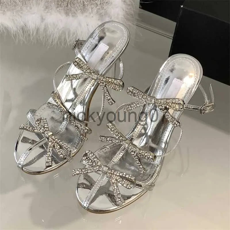 Sandales Eilyken Sexy été cristal papillon-noeud bout pointu femmes pompes mode boucle sangle talons hauts fête bal sandales Mule ShoesJ240122