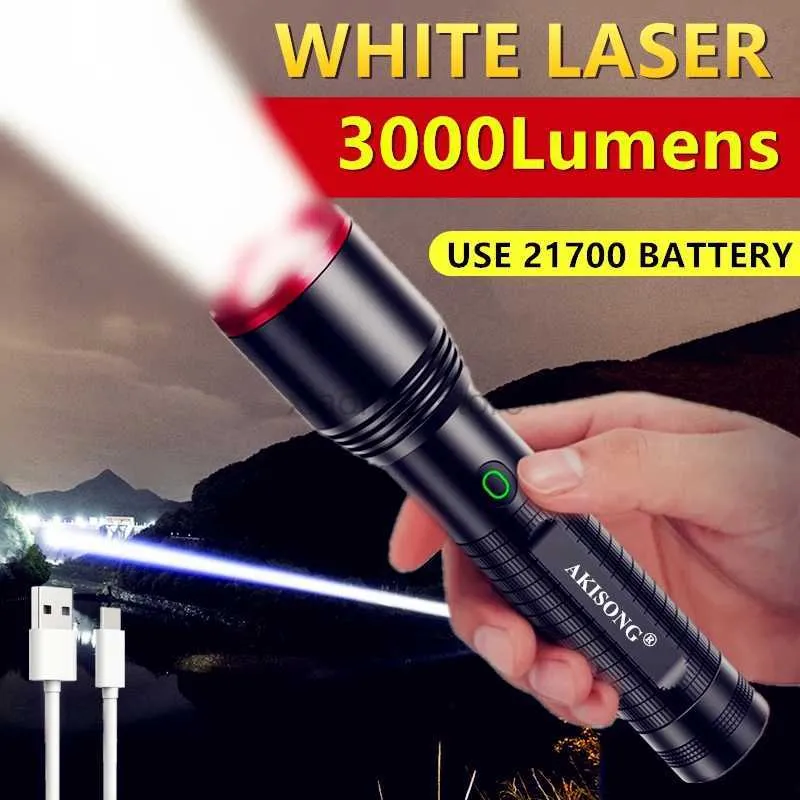 Flashlights 3000LM White Laser Flashlight LED Outdoor 1000M Long Shot 21700 Battery Type C Rechargeable Tactical Military Search Torch 240122