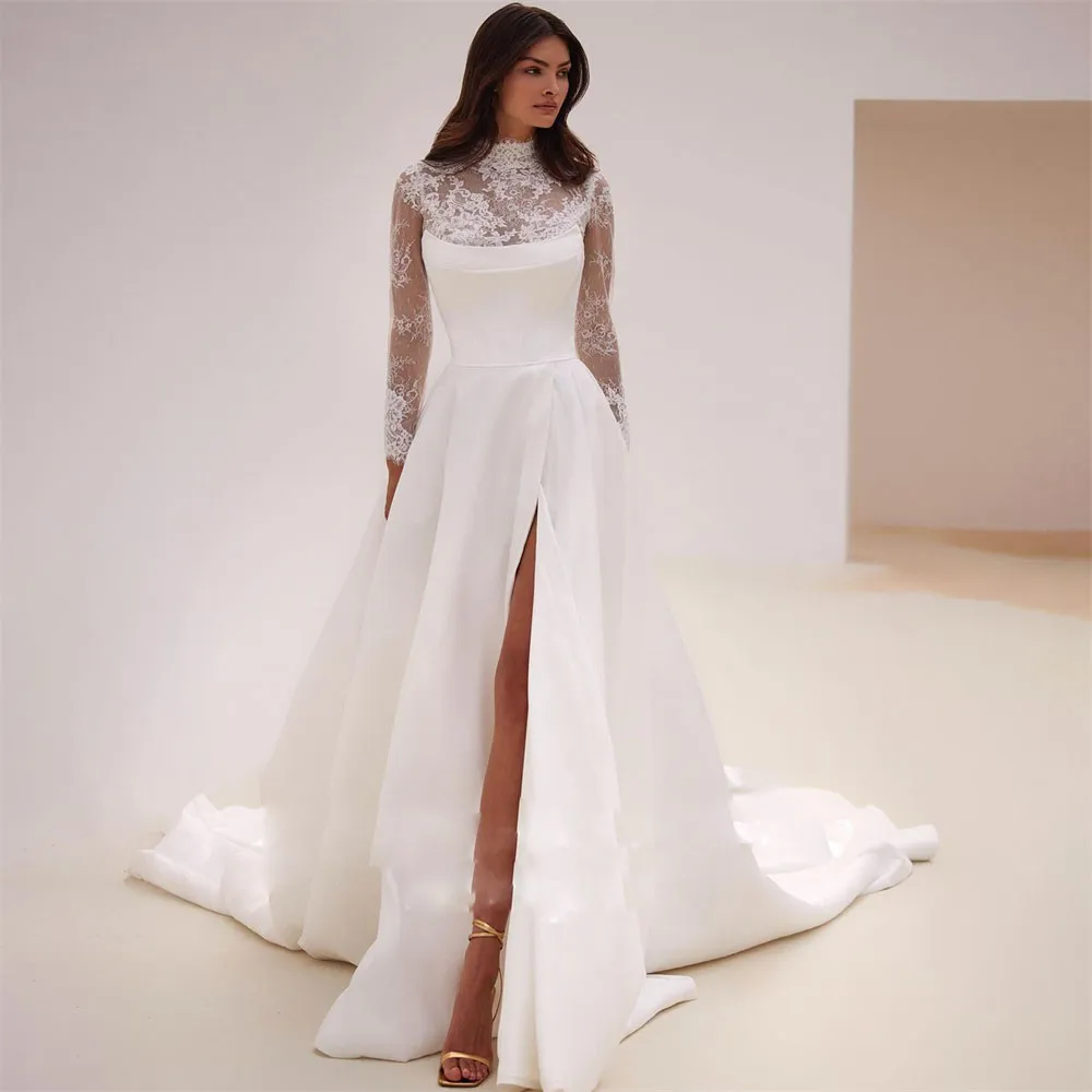 Vintage Lace Wedding Dresses High Neck Appliques Sleeves A-Line Side Slit Bridal Gowns Solid Satin vestido de novia
