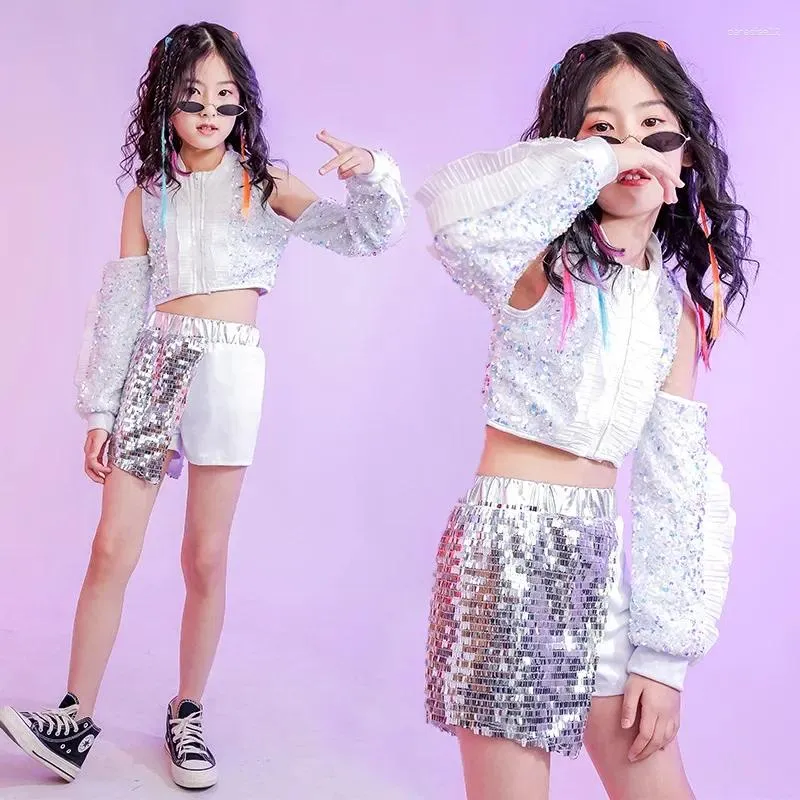 Stage Wear Sequins White Girls Carnaval Costumes For Kids Street Dance Walk Show Outfit Children Hip Hop Jazz Performance Clothing