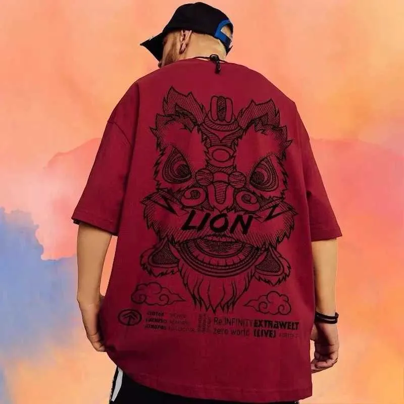 Homens camisetas Leão Dança Chinoiserie China-chique T-shirt Oversize Grande Solto Gordo Moda Casal Traje Manga Curta Verão