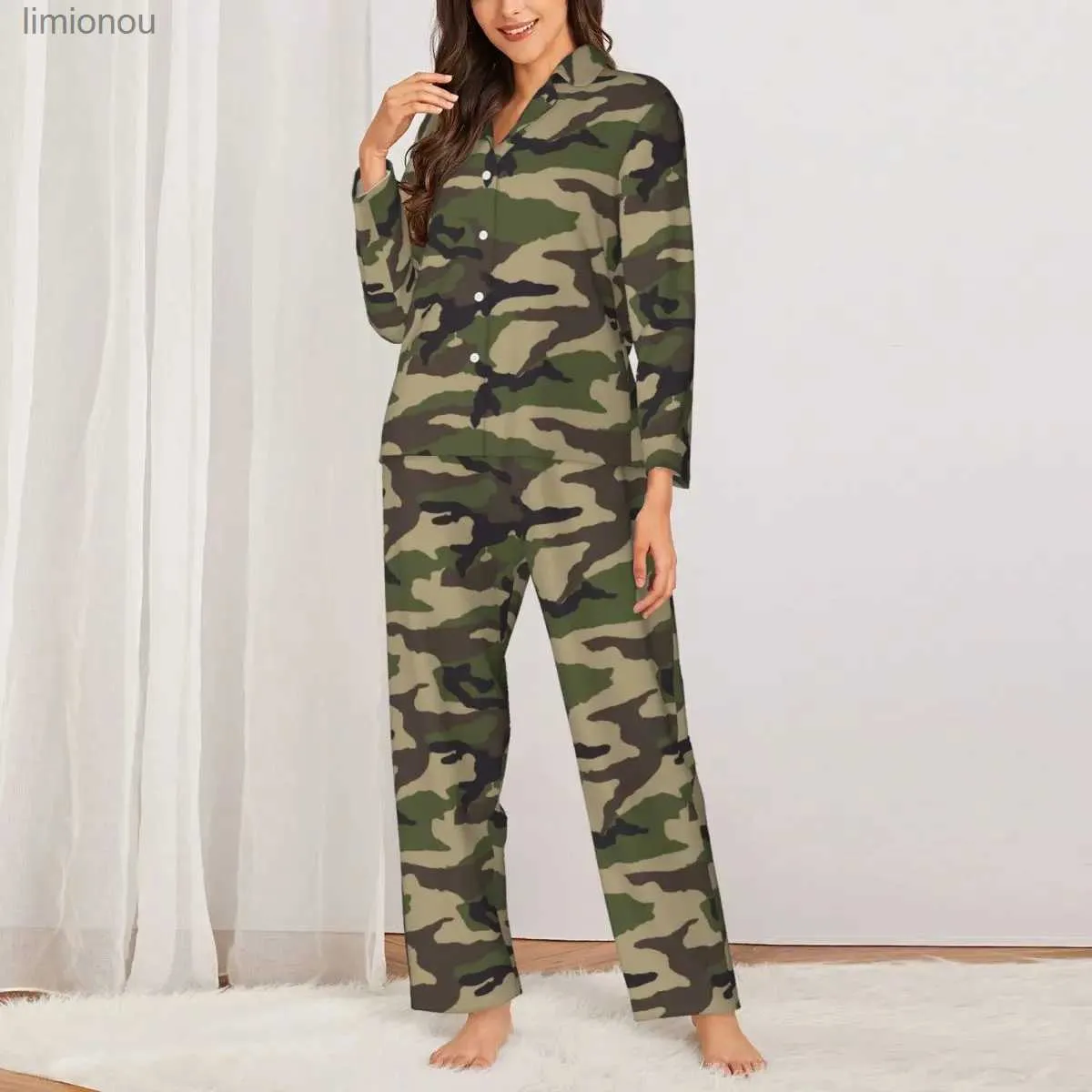 Salotto da notte da donna Classico pigiama mimetico militare Set Jungle Camouflage Sleepwear Lady Manica lunga Camera da letto casual 2 pezzi Indumenti da notte di grandi dimensioniL240122