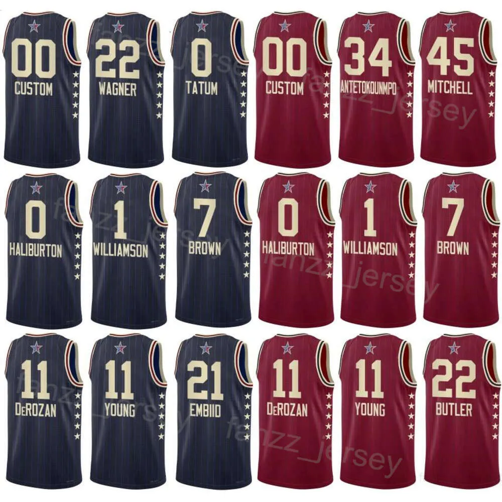 Printed 2024 Basketball All-Star Jalen Brunson Jerseys 11 Julius Randle 30 Mikal Bridges 1 Derrick White 9 LaMelo Ball 1 Jrue Holiday 4 Zion 1 Franz Wagner Navy Blue Red