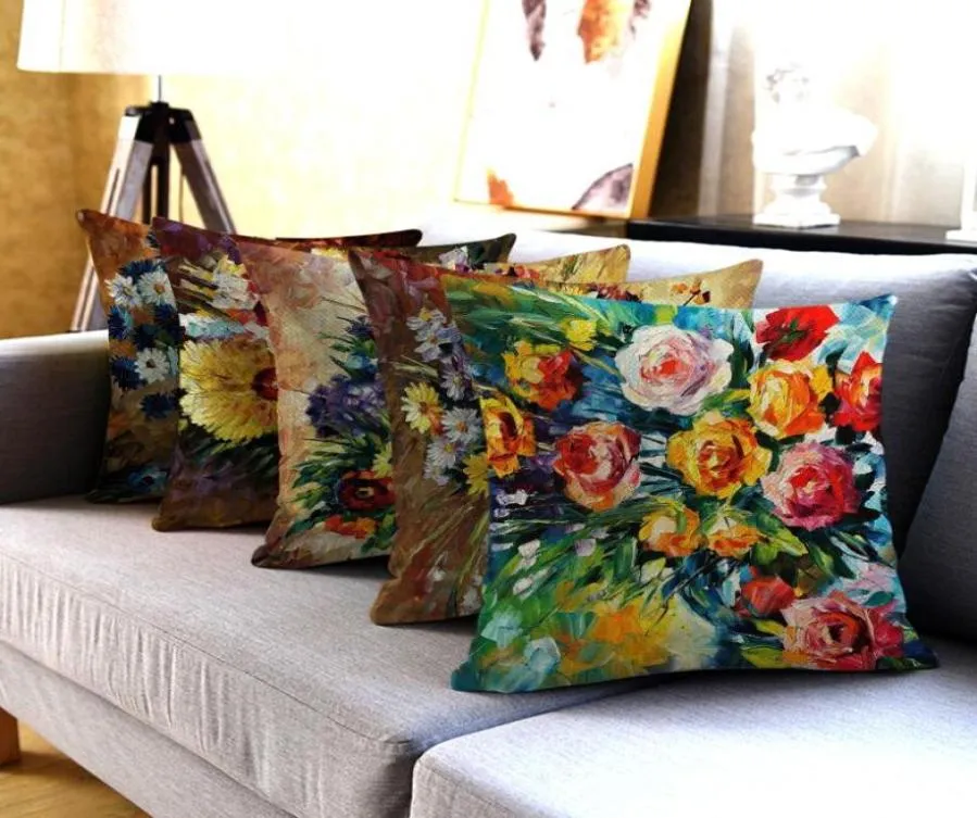 CushionDecorative Pillow Oil Painting Flower Printed Cases Yellow Red Decorative Covers Plant Throw Pillows For Living Room Sofa7036133