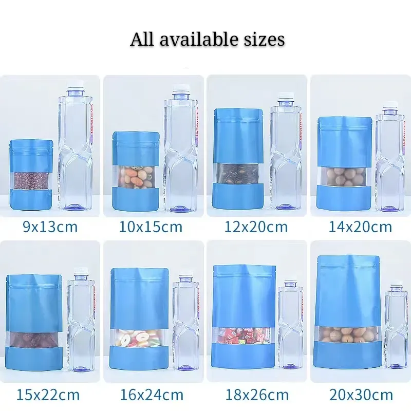 8 Sizes Blue Coffee Packaging Stand Up Bags Food Storage Package Bag with Transparency Window on Front Moisture proof Matte Snacks Pouches