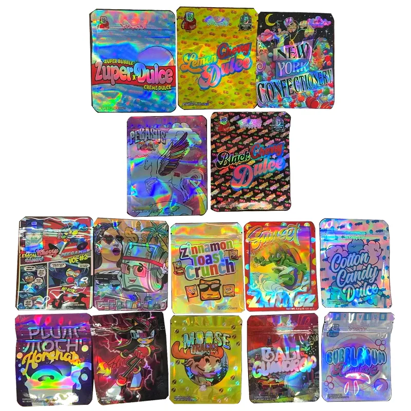 Holographic Empty Mylar Bag 3.5g Plasitc Package Laser Storage Resealable Zipper With Cartoon Design Plastic Pouch