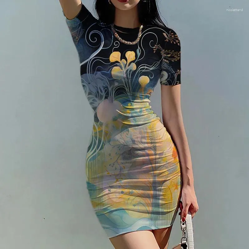 Festklänningar Summer Lady Sexig klänning 3D Färgglad tryckning Grafisk mini -Dressing Street Ladies Clothing Fashion Outdoor Short Sleeve