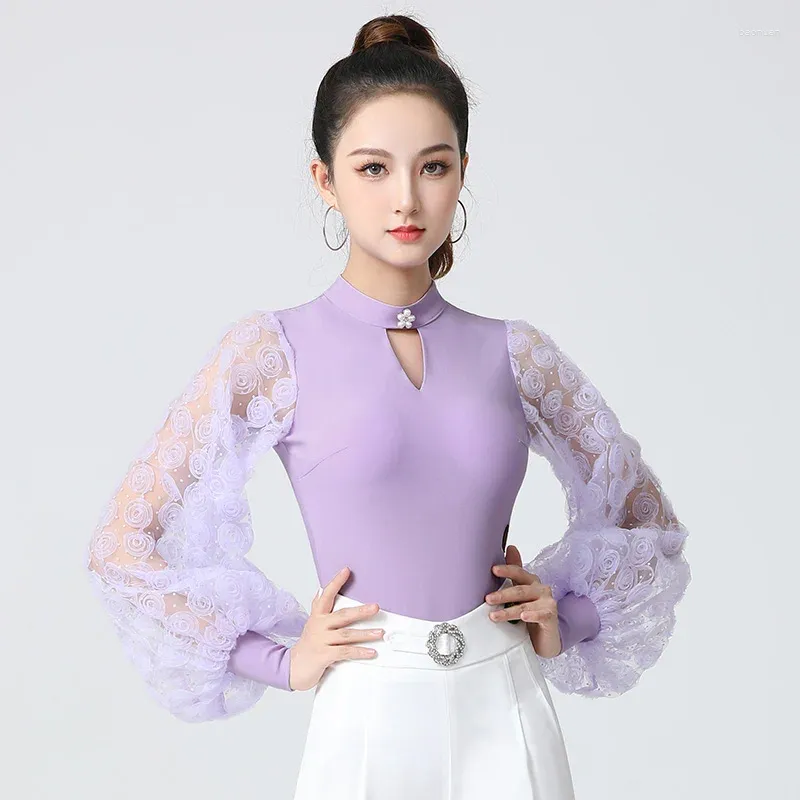 Stage Wear 2024 High Collar Ballroom Dance Leotard Clothes Standard Modern Shirt Lantern Sleeve Latin Tops Women Waltz Bodysuit