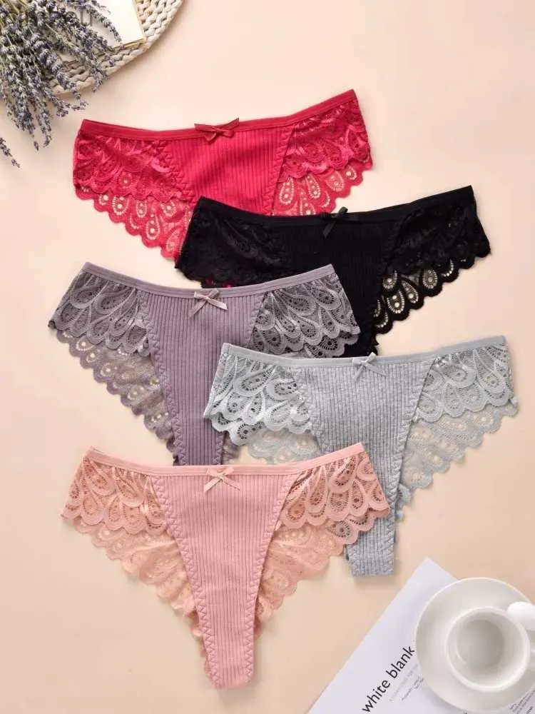 Conjunto sexy Sexy Set 3pcs Mulheres calcinha sexy de renda de renda de baixa cintura de calcinha de algodão fêmea g string lingerie lingerie lingerlies cuecas tangas s-4xl c240410