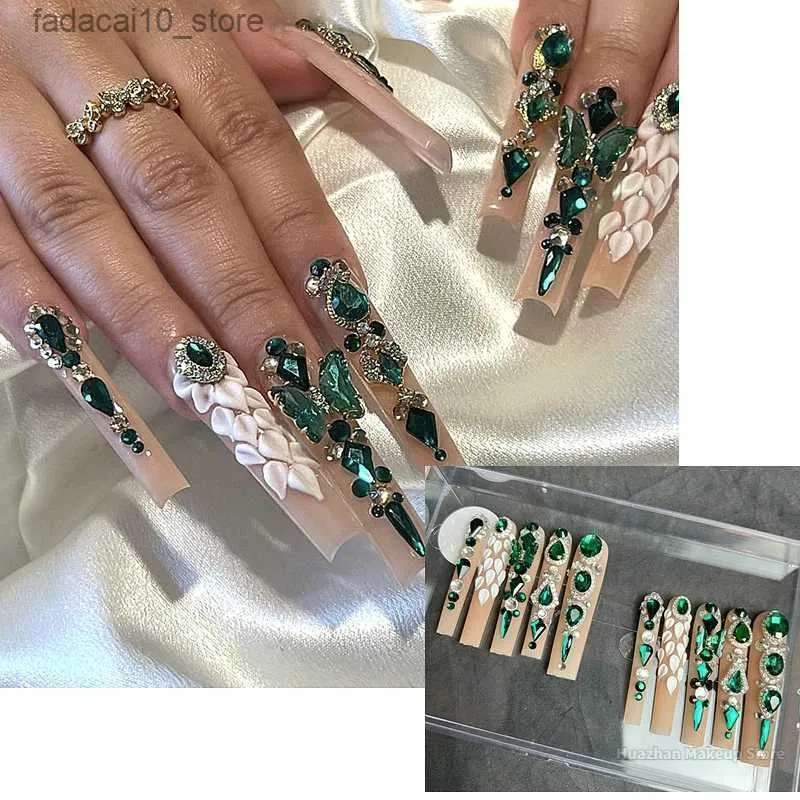 False Nails Customized Handmade Extra Long False Nail Tips Y2K Glittery Rhinestone Flower XXL Press On Nails ReusableL Acrylic Fake Nail Q240122