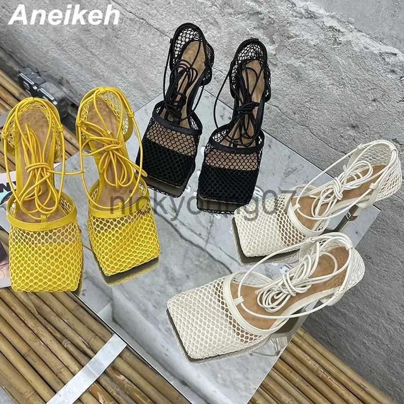 Sandales Aneikeh 2023 été Sexy maille pompes sandales femme bout carré talon haut à lacets croisé Stiletto robe creuse chaussures de soirée J240122