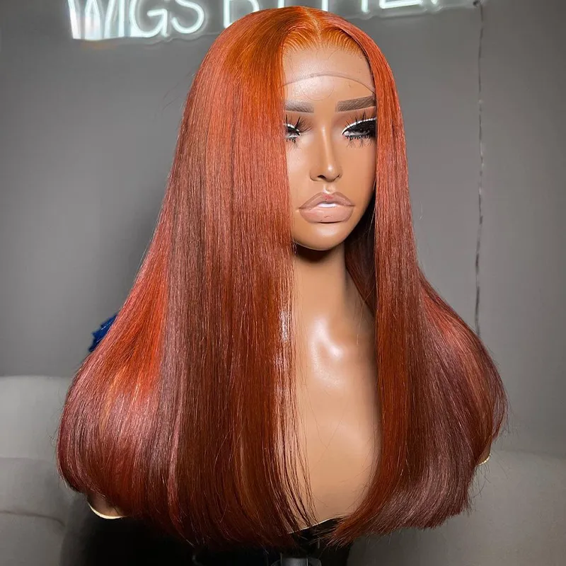 Brazilian Ginger Orange Lace Front Human Hair Wigs Pre Plucked 34 Inch Dark Red Brown Bone Straight 13x4 HD Lace Frontal Wig for Women