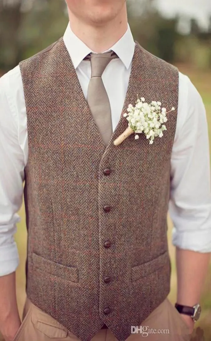 Country Farm Wedding Brown Woodbone Tweed Vests Cútenho de Tweed Made Made Made Slim Fit Mens Colete Prom Casamento