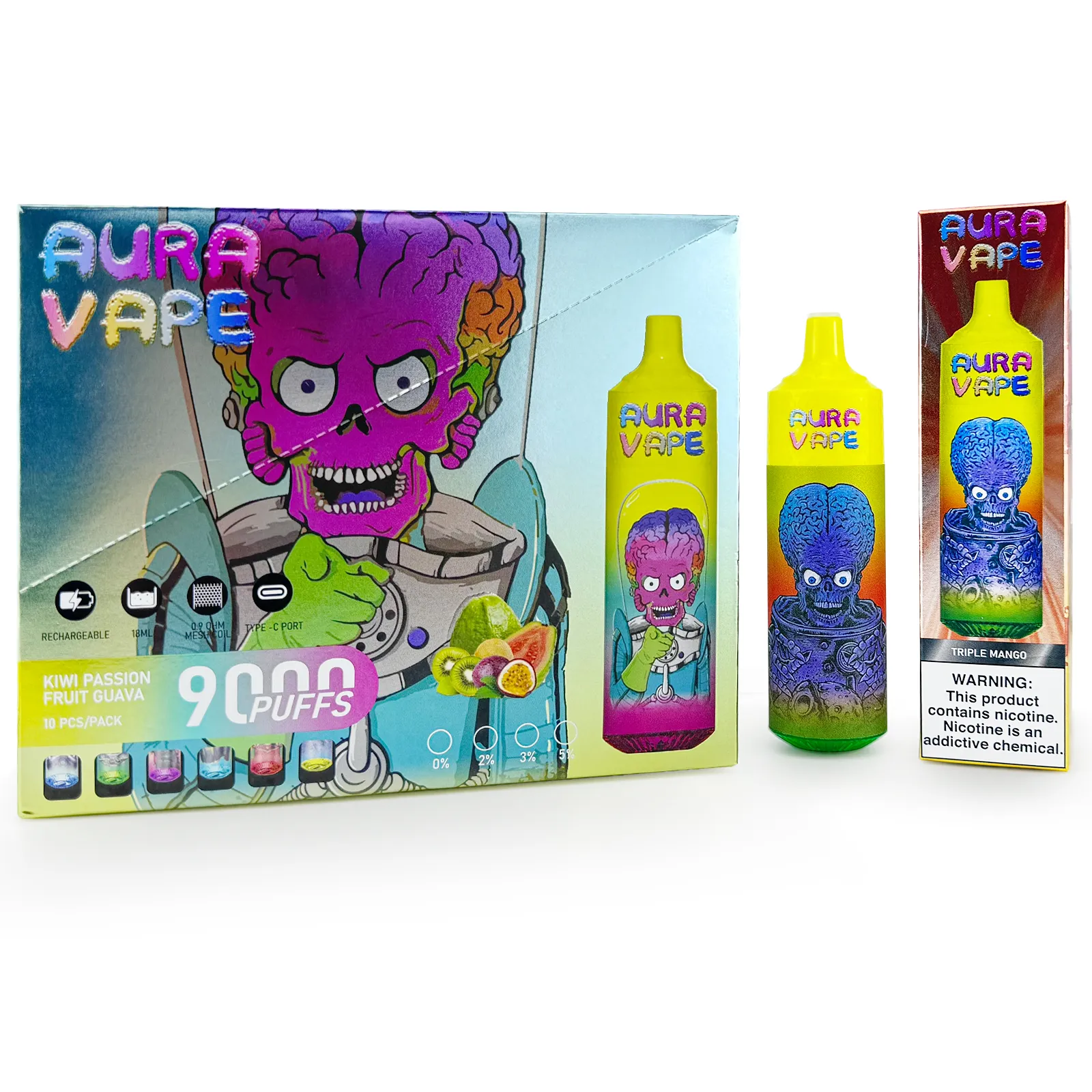 EU Lagerhaus Original Aura Vape 9K Puffs Einweg E Cigarette Pen 9000 Puff, umgefüllte elektronische Cigon 2% Dual Mesh Spule gegen Randm Tornado