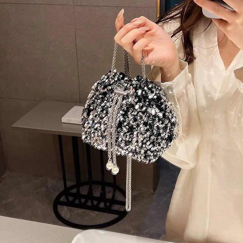 Evening Bags Trendy Korean Silver Black Sequin Bucket Bag Prom Party Metal Chain Shoulder Crossbody For Women Fashion Clutches Handbags
